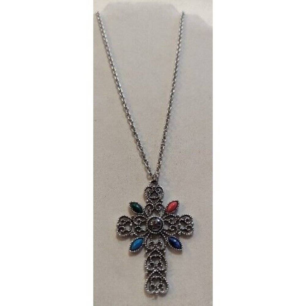 Vintage Estate Large Avon Silver Tone Cabochon Cross Pendant Necklace 24" - Picture 2 of 8